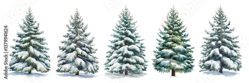 Set of Christmas tree covered by snow. Watercolor style vector illustrations
