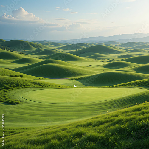 Rolling Green Hills with Golf Course and Distant Mountain Landscape