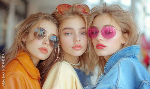 Three fair skinned women wearing sunglasses and colorful jackets posing closely together in a studio