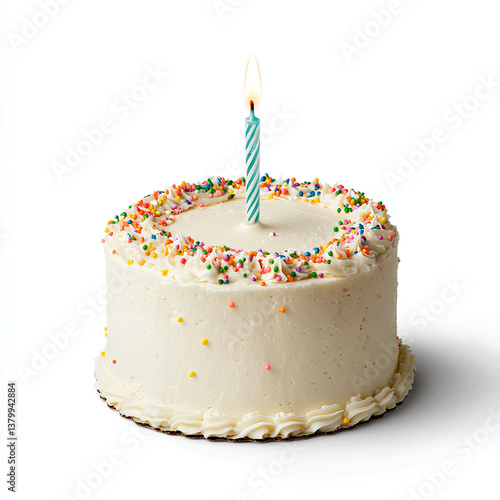A single-layer vanilla birthday cake with smooth white frosting,