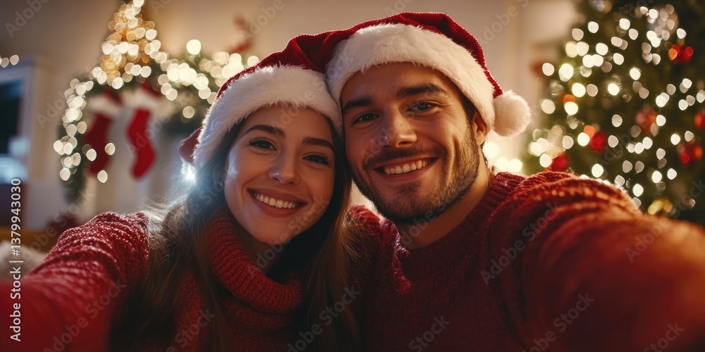 A couple in red and white hats are smiling for a picture. The man is wearing a red sweater and the woman is wearing a red sweater A couple in red and white hats are smiling for a picture. The man is wearing a red sweater and the woman is wearing a red sweater