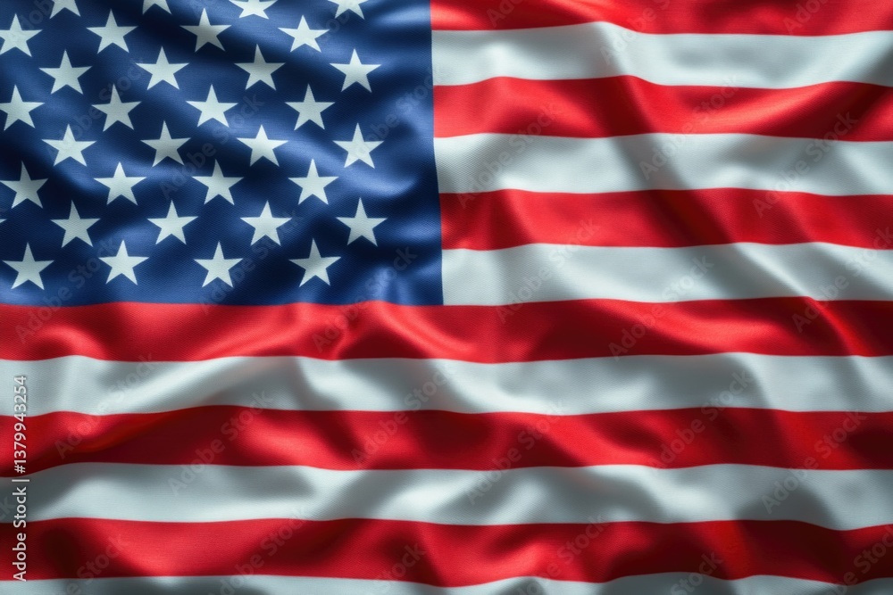 Obraz premium The American flag is waving in the wind. The stars on the flag are evenly spaced and the stripes are red, white, and blue