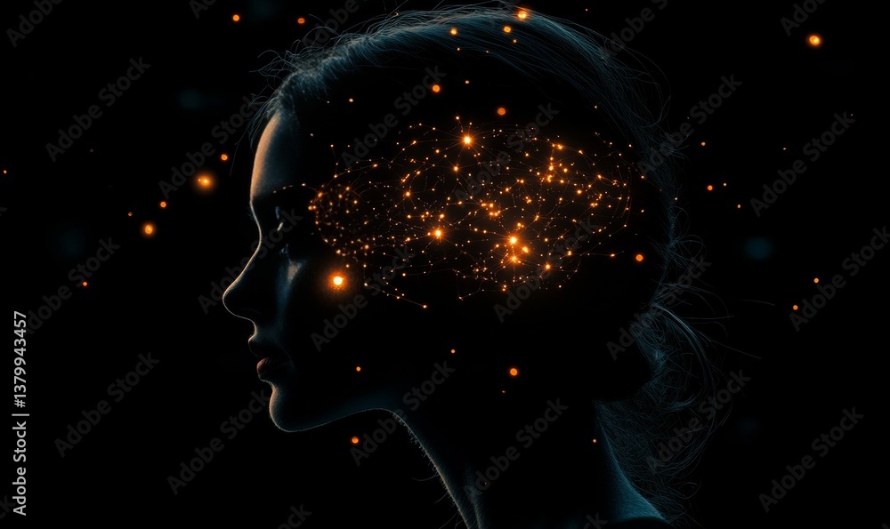 A woman's silhouette with a glowing brain and scattered lights against a dark background art concept A woman's silhouette with a glowing brain and scattered lights against a dark background art concept