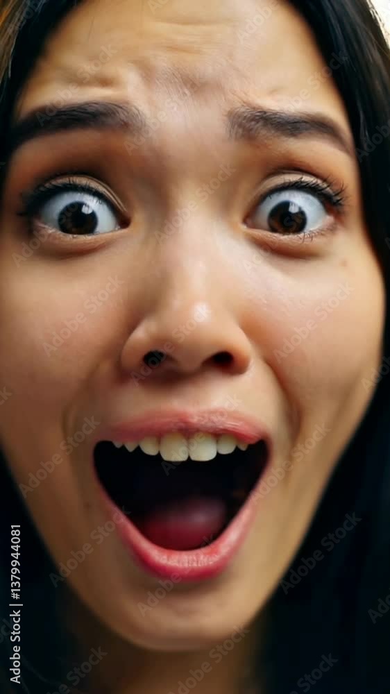 Close-up of a young woman with wide eyes and open mouth Close-up of a young woman with wide eyes and open mouth