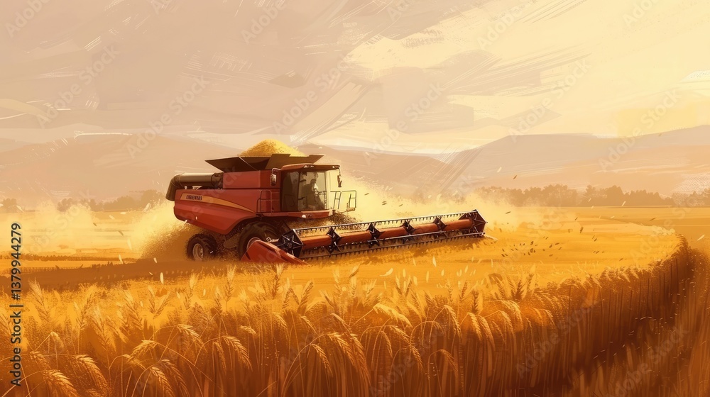 Fototapeta premium A combine harvester working diligently in a golden wheat field during sunset, with mountains in the distance