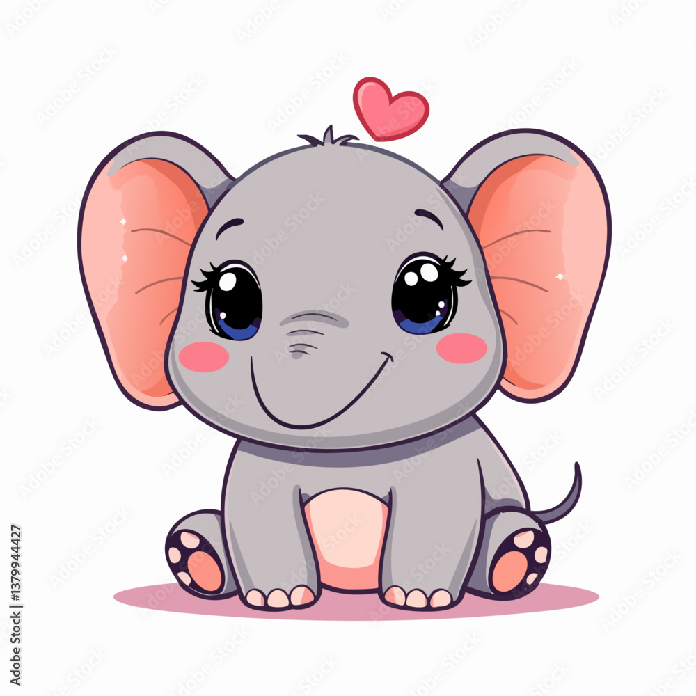 Fototapeta premium Adorable kawaii baby elephant with big eyes and heart