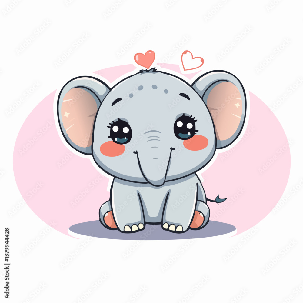 Fototapeta premium Cute kawaii baby elephant with big eyes and hearts