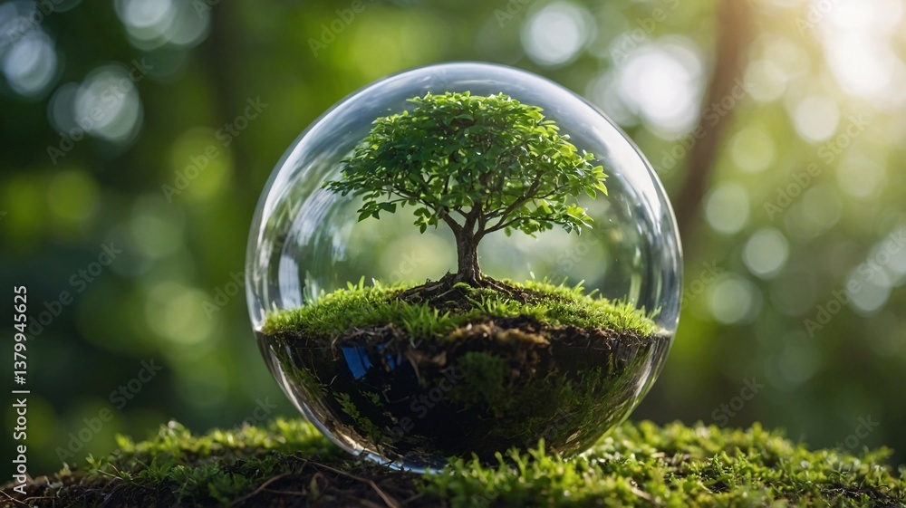 A vibrant, green tree encased in a glass sphere, symbolizing nature's beauty and preservation. A vibrant, green tree encased in a glass sphere, symbolizing nature's beauty and preservation.