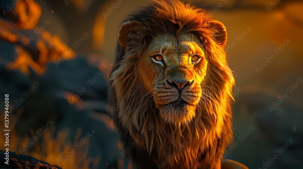Fototapeta premium Majestic African Lion in Golden Sunset Light Powerful Wild Cat Portrait