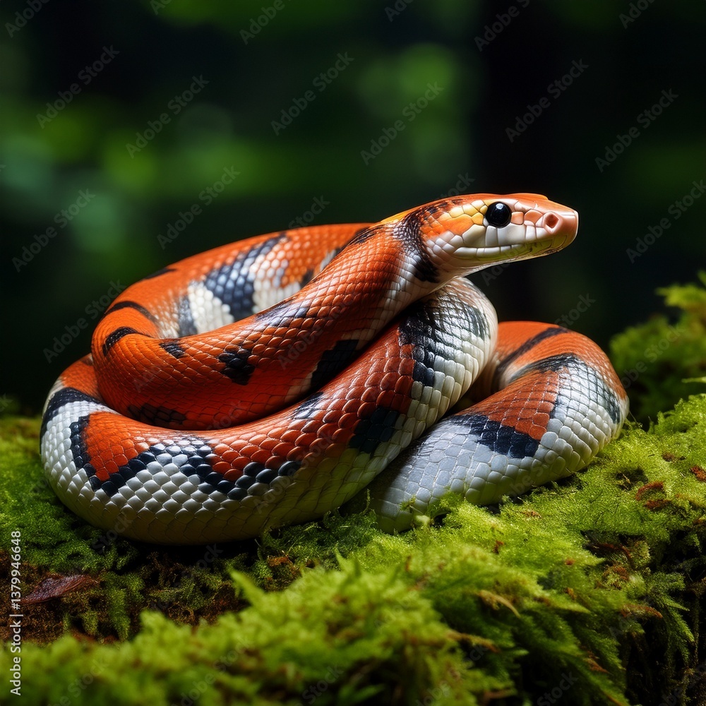Fototapeta premium Colorful milk snake resting on moist moss bed