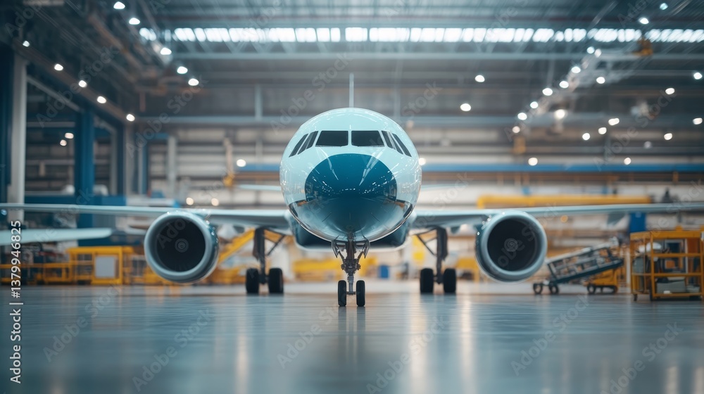 Airplane in a modern hangar during daytime with industrial equipment and tools surrounding the aircraft Airplane in a modern hangar during daytime with industrial equipment and tools surrounding the aircraft