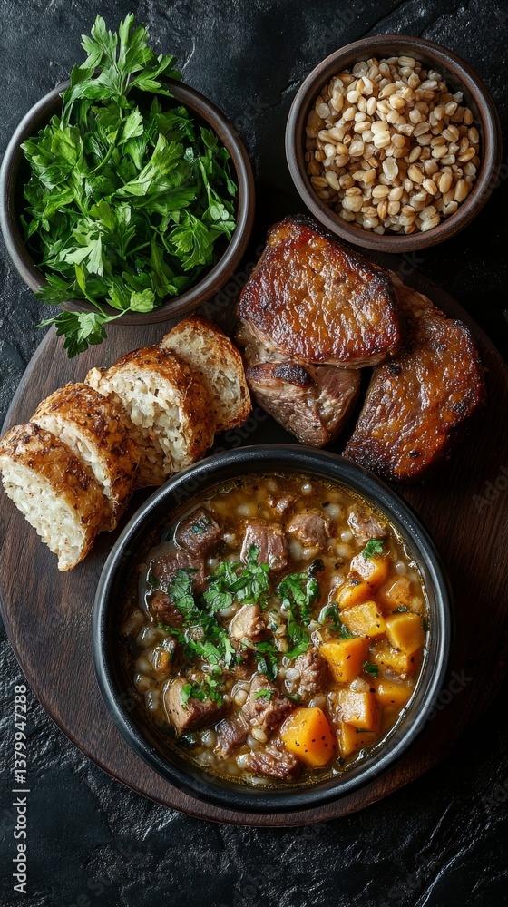 A top down view of a bowl of stew with meat, bread, parsley, and grains on a wooden serving board A top down view of a bowl of stew with meat, bread, parsley, and grains on a wooden serving board
