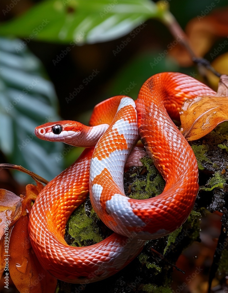 Fototapeta premium Coral snake slithering on damp forest leaves, vibrant colors standing out