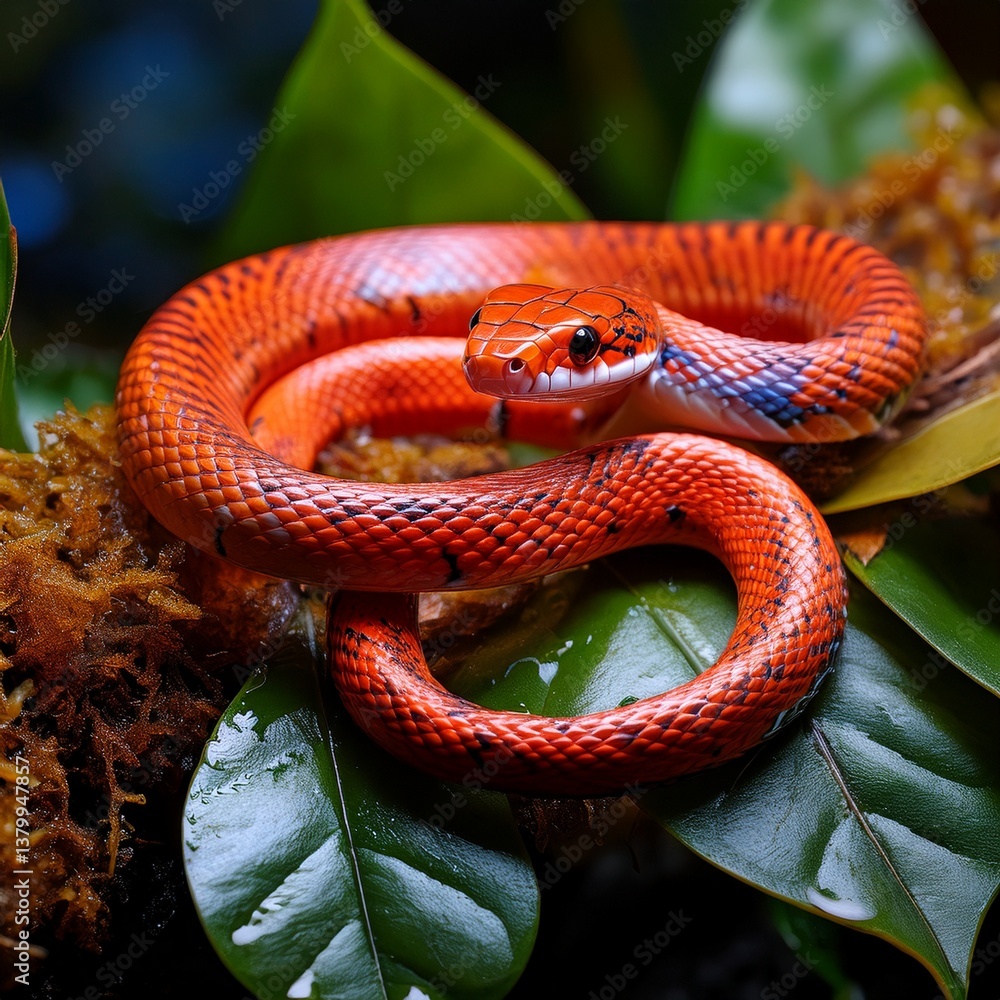 Fototapeta premium Coral snake slithering on damp forest leaves, vibrant colors standing out