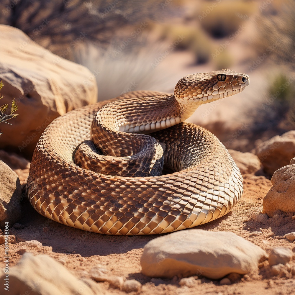 Fototapeta premium Rattlesnake coiled among desert rocks, rattle raised, ready to strike
