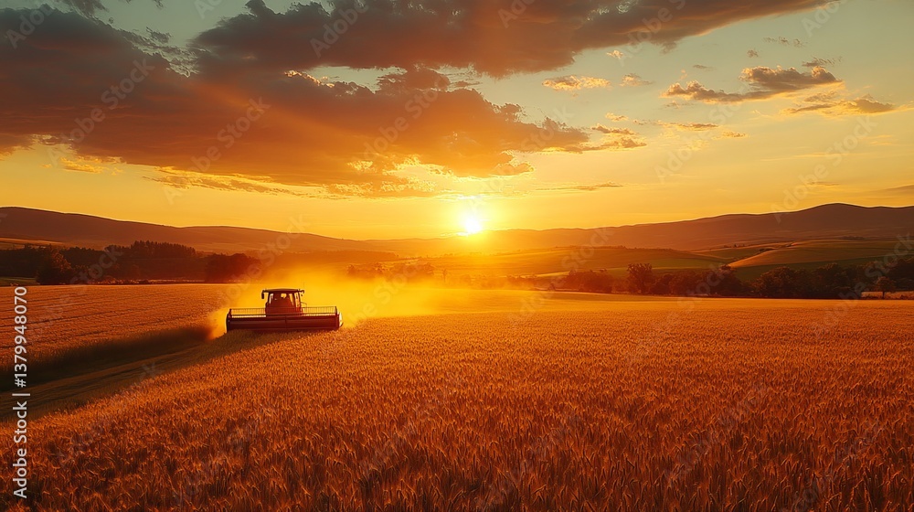Fototapeta premium A combine harvester working in a wheat field at sunset with mountains in the distance and a golden sky