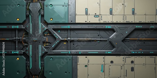 High-Tech Panel Design with Geometric Shapes, Vibrant Accents, and Futuristic Aesthetics