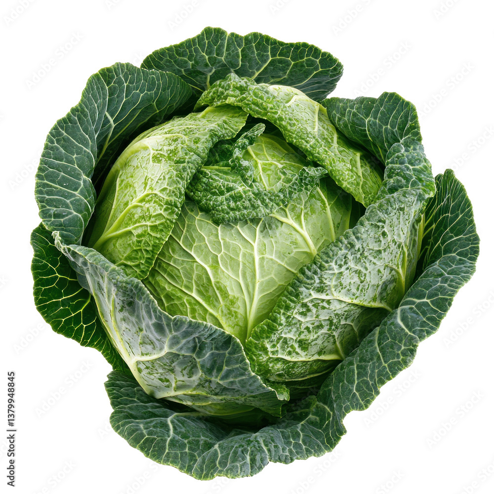 Fototapeta premium A vibrant green cabbage sits on a white background, highlighting its fresh appearance and intricate leaf patterns
