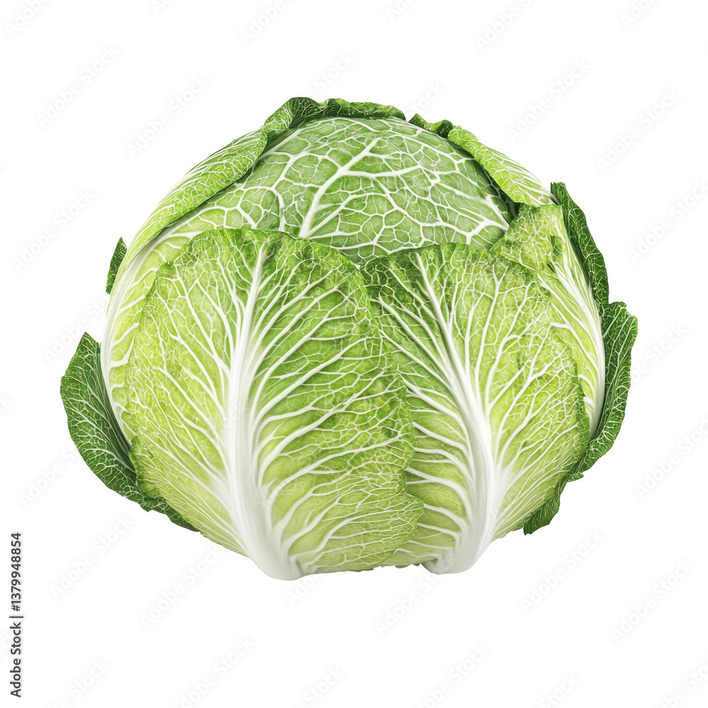 Obraz premium Vibrant green cabbage is isolated against a plain white background, highlighting its crisp leaves and round form, perfect for culinary use