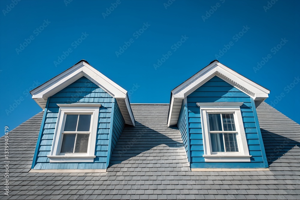 Dormer windows on the sloped shingle roof of a newly built house in Brighton, Massachusetts, USA. Dormer windows on the sloped shingle roof of a newly built house in Brighton, Massachusetts, USA.