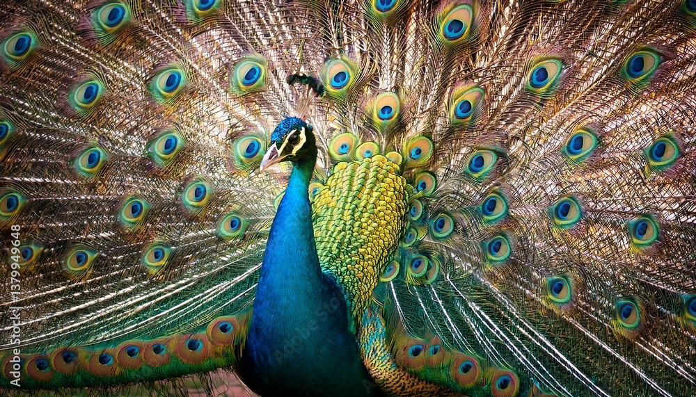 Obraz premium A peacock with its tail fully fanned out, displaying brilliant feather colors