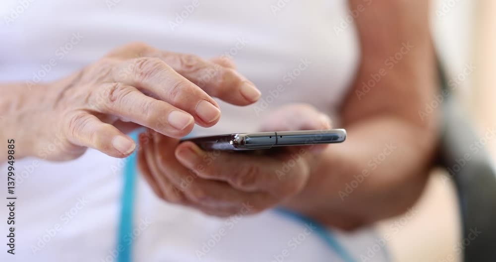 Woman hands scrolling through news feed on smartphone while waiting in line. Lady in white shirt waits for turn looking at content on device Woman hands scrolling through news feed on smartphone while waiting in line. Lady in white shirt waits for turn looking at content on device