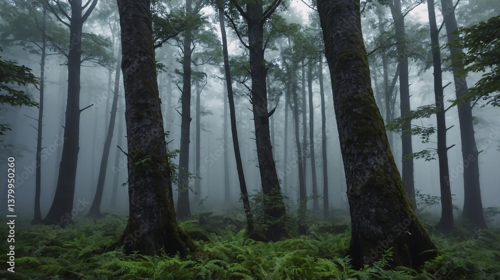 Fototapeta premium A serene, misty forest scene showcasing tall trees amidst lush ferns, creating a tranquil and mysterious atmosphere.