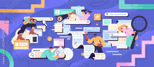 Concept of searching information in the Internet. People are browsing, do requests in browser. Team of characters with binoculars, magnifier look for in Web, ask data online. Flat vector illustration