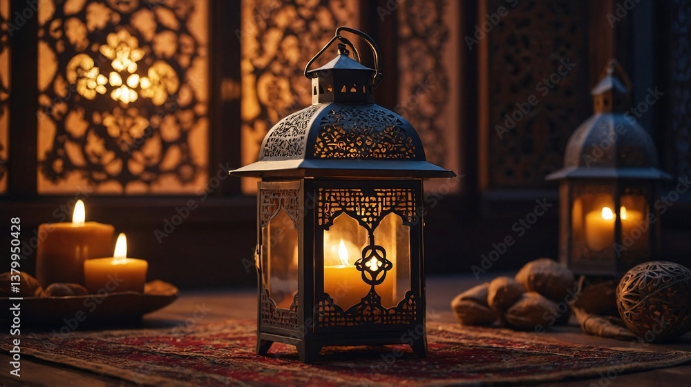 Elegant black lantern with warm candlelight, surrounded by artisanal bread and decorative elements, creating a cozy ambiance. Elegant black lantern with warm candlelight, surrounded by artisanal bread and decorative elements, creating a cozy ambiance.