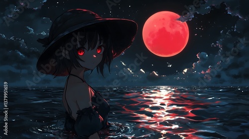 An anime girl with a red moon over ocean water