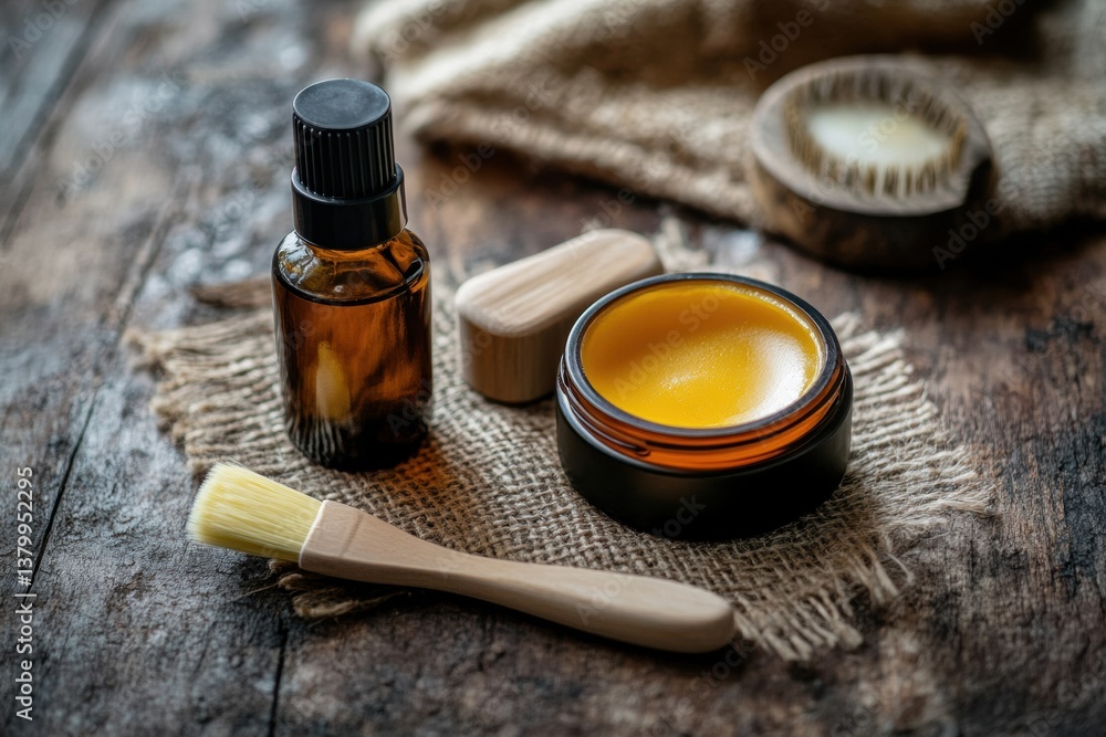 Beard care products including oil, balm, and brush on rustic vintage background showcase essential grooming tools for a well-groomed appearance