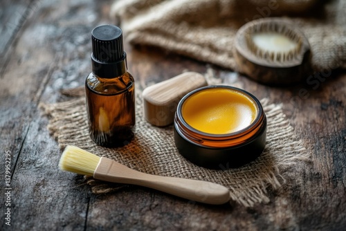 Obraz na płótnie Beard care products including oil, balm, and brush on rustic vintage background showcase essential grooming tools for a well-groomed appearance w salonie