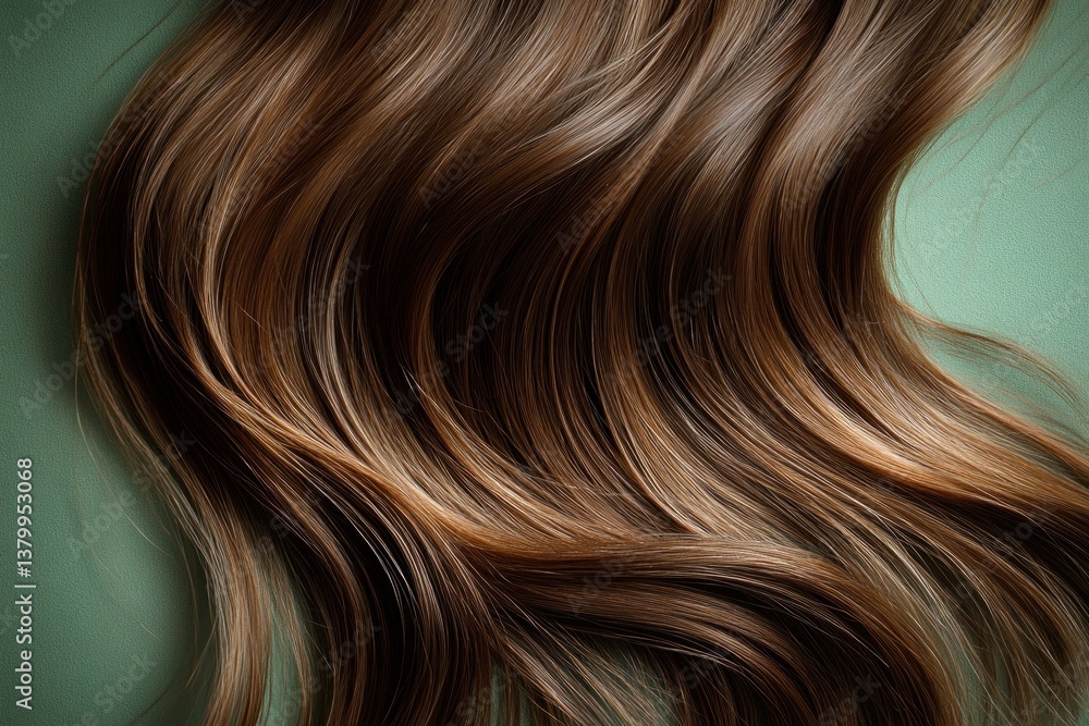 Naklejka premium Close-up view of silky long brown hair cascading gently, highlighting its natural shine and texture against a muted green background