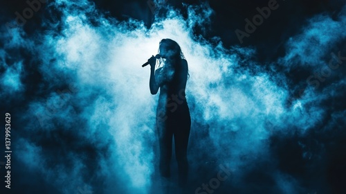 A female singer performs on a stage surrounded by blue smoke