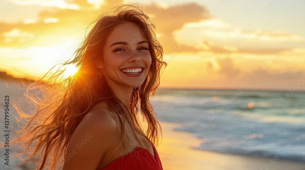 A joyful woman stands by the shoreline as the sun sets, casting warm golden light across the ocean waves. Her hair billows in the gentle breeze, radiating happiness A joyful woman stands by the shoreline as the sun sets, casting warm golden light across the ocean waves. Her hair billows in the gentle breeze, radiating happiness
