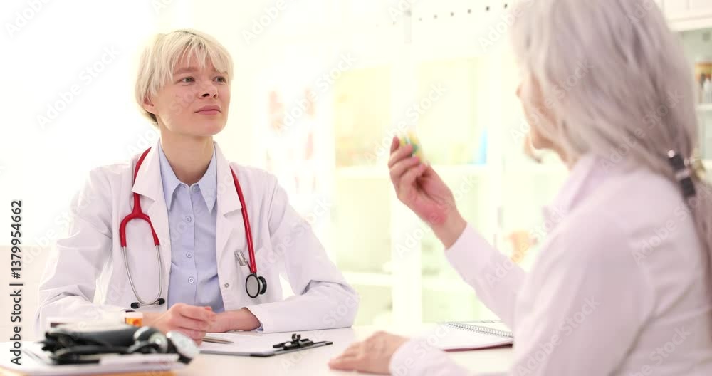Young woman doctor hands recommended drug capsules to patient. Physician describes purpose of prescribed medication and possible side effects Young woman doctor hands recommended drug capsules to patient. Physician describes purpose of prescribed medication and possible side effects