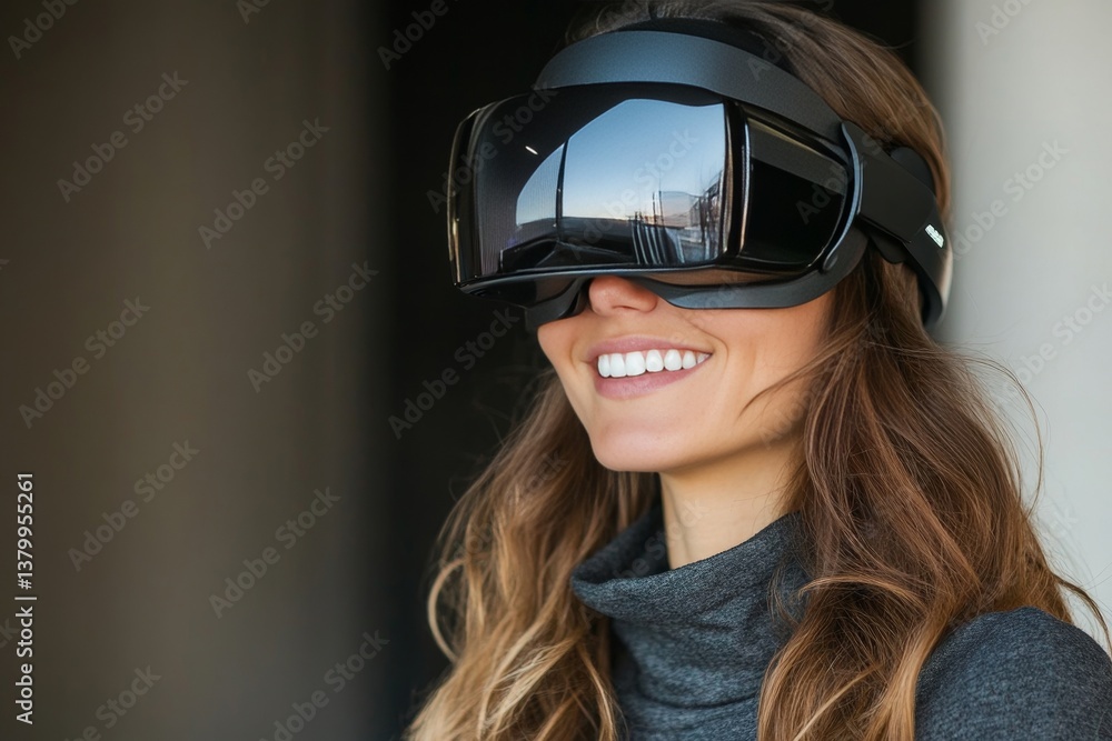 A woman wearing a black virtual reality headset and smiling with a gray turtleneck sweater on her body A woman wearing a black virtual reality headset and smiling with a gray turtleneck sweater on her body