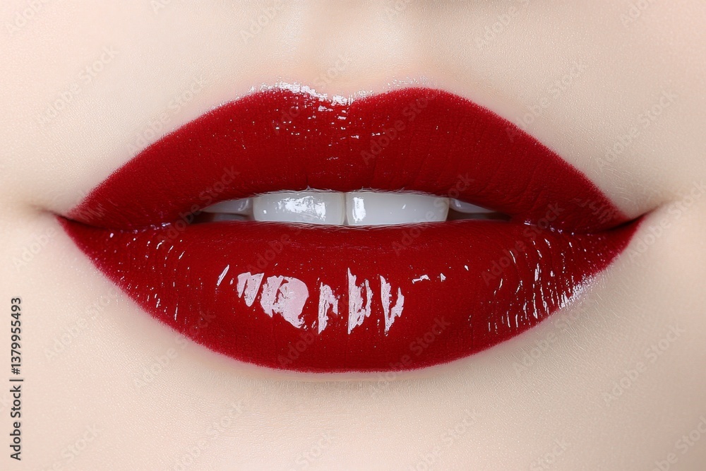 Obraz premium A close-up of a model lips painted a deep, glossy red