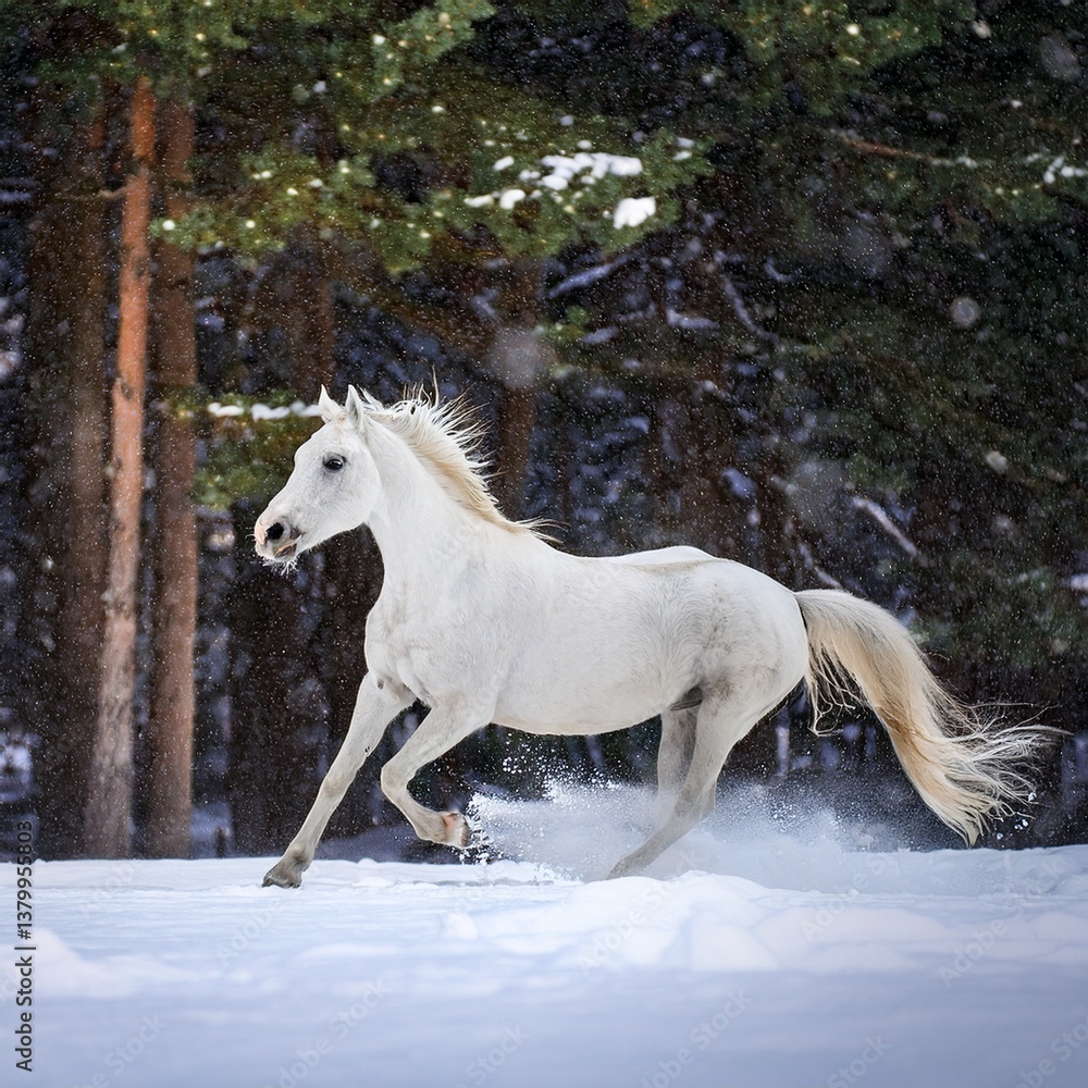 Obraz premium White horse galloping through the snow in a winter forest, snowflakes falling
