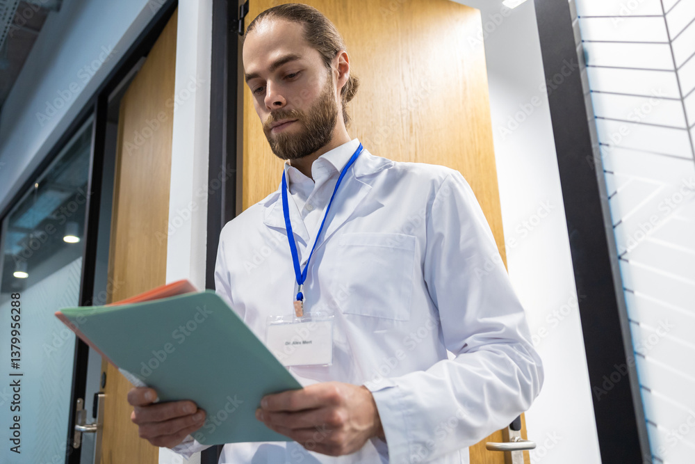 Fototapeta premium Male doctor standing in hospital corridor holding case history and medical documents