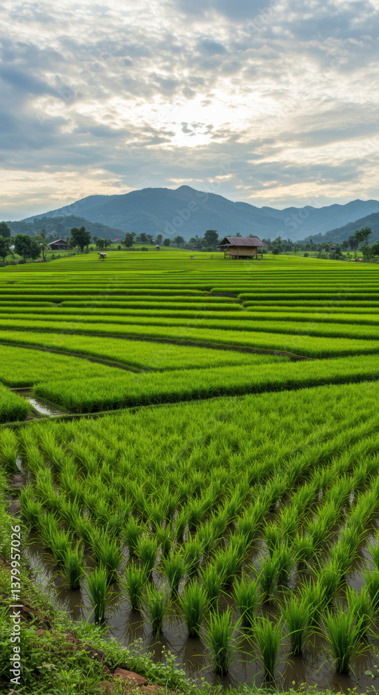 The sun peeks through the clouds over vibrant green rice terraces, a tranquil landscape. The sun peeks through the clouds over vibrant green rice terraces, a tranquil landscape.