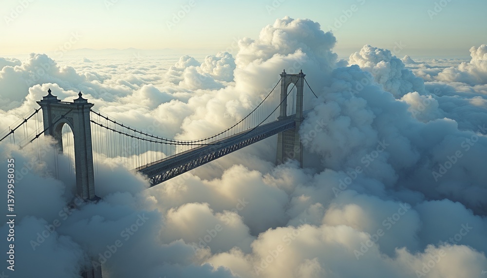 Fototapeta premium Suspended bridge emerging from thick clouds creating a mystical aerial landscape