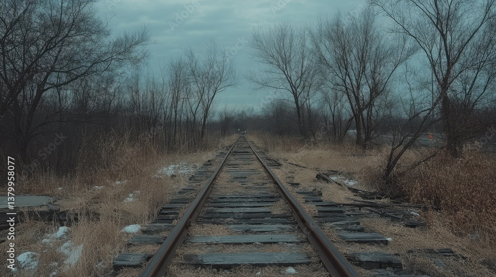 Fototapeta premium A lonely desolate railway track stretches into the misty distance