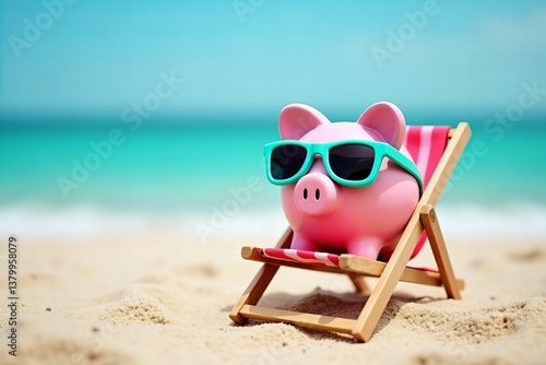 Cheerful Piggybank with Turquoise Shades Relaxing on Beach Chair: Ideal Symbol of Saving for Vacation