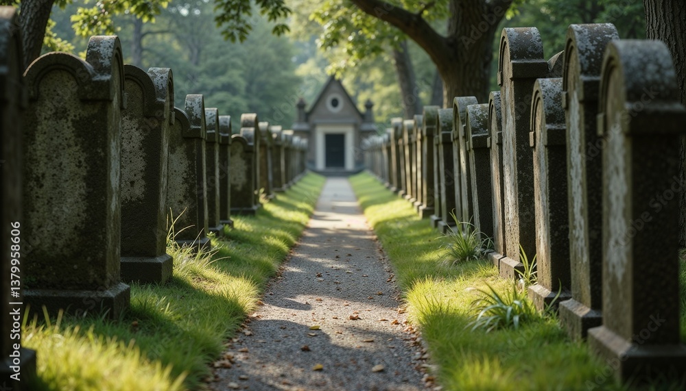 Lined gravestones along a serene path in a tranquil cemetery during daylight Lined gravestones along a serene path in a tranquil cemetery during daylight