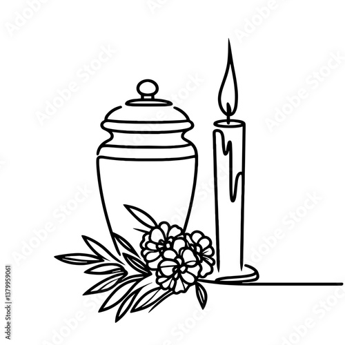 Funeral urn with flowers and candles, vector, black line drawing, minimalistic, single line, simple line, isolated, transparent background 