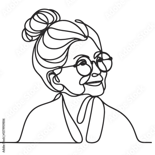 Kind granny with a bun on her head and glasses, vector, black line drawing, minimalistic, single line, simple line, isolated, transparent background