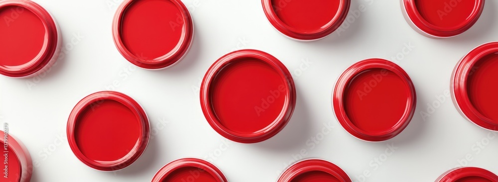 Bright red paint cans arranged in playful pattern, showcasing vi Bright red paint cans arranged in playful pattern, showcasing vi