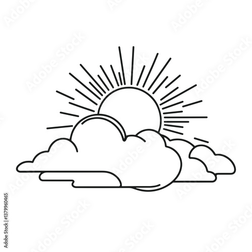 The sun is peeking out from behind the cloud, vector, black line drawing, minimalistic, single line, simple line, isolated, transparent background 