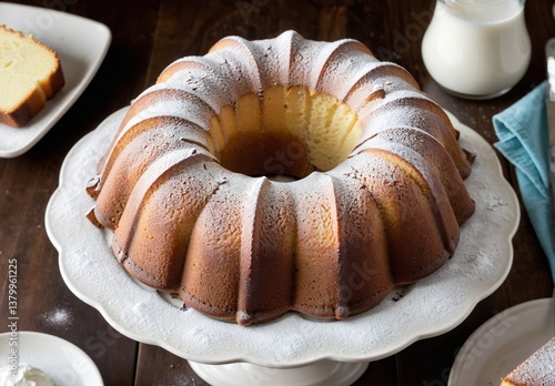 Pound cake baked in a bundt pan, traditional vanilla or sour cream flavor, dusted with powdered sugar
